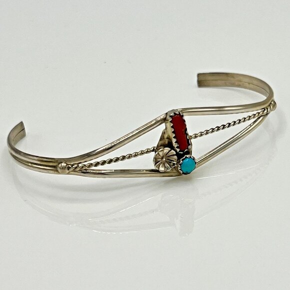 Navajo ESTHER WHITE Signed Sterling Silver Turquoise Coral Open Bangle Bracelet - Picture 5 of 6